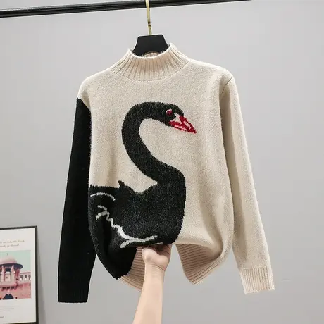 53110新款韩版宽松天鹅半高领长袖针织衫女士百搭打底毛衣外套商品大图