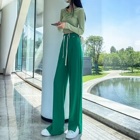 侧开叉运动裤女春秋新款高腰休闲拖地裤宽松显瘦绿色垂感阔腿裤子商品大图