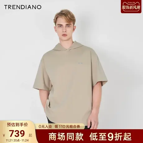 TRENDIANO官方2023新款夏季长绒棉拼接印花宽松连帽短袖t恤潮商品大图