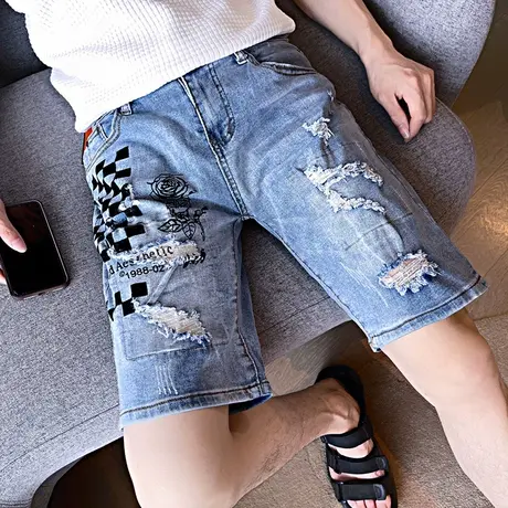 夏季男士牛仔裤短裤五分裤马裤青年学生ins修身潮牌休闲破洞中裤商品大图