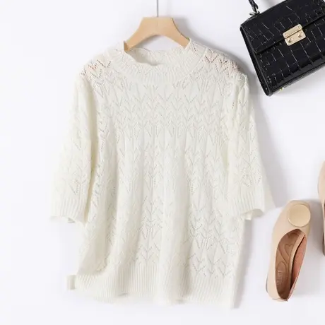 2023夏季新品韩版宽松圆领针织衫毛衣镂空短袖纯色T恤衫上衣女士商品大图