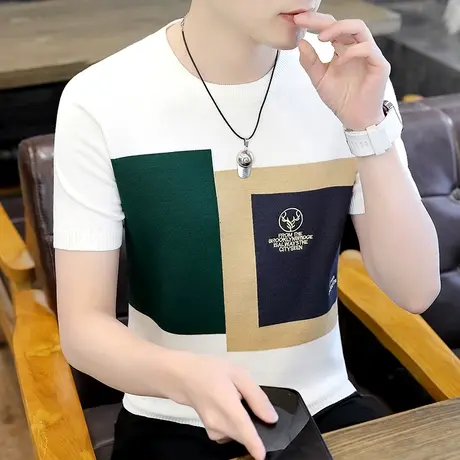 t恤男夏季短袖冰丝薄款针织打底上衣潮流韩版修身半袖夏装体恤衫商品大图