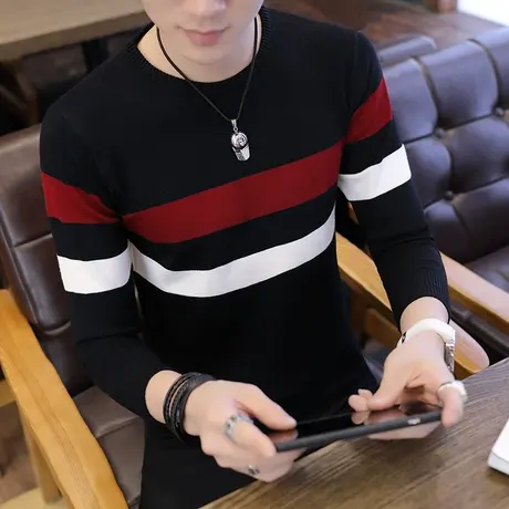 2025新款男士长袖t恤韩版圆领针织衫潮流装打底衫条纹上衣服薄款商品大图