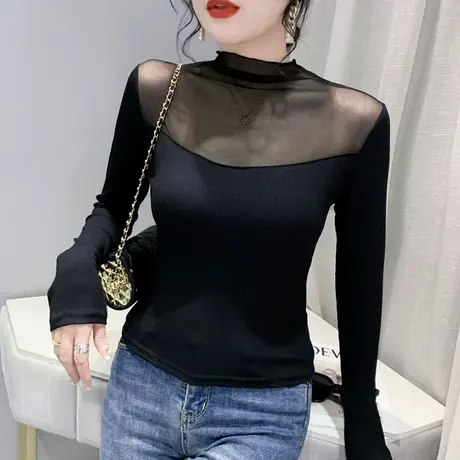 春装网纱拼接打底衫女内搭性感镂空心机长袖T恤洋气半高领上衣潮商品大图