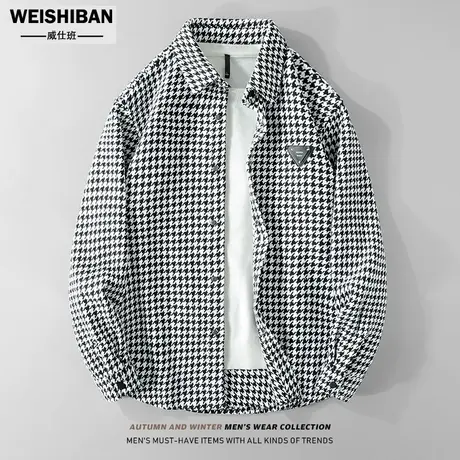 美式休闲长袖衬衣男外套潮牌小香风衬衫式上衣春秋季千鸟格翻领潮商品大图