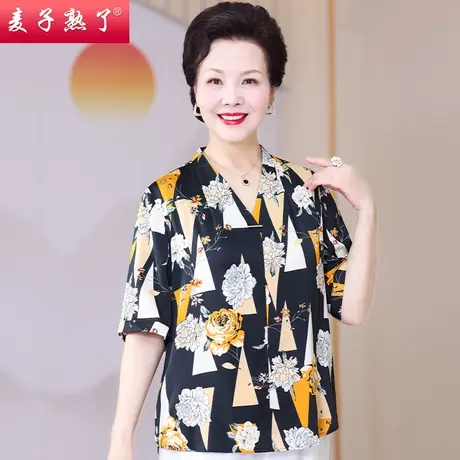 妈妈春夏装新款短袖T恤衬衫洋气质阔太高贵雪纺上衣服中老年女装图片