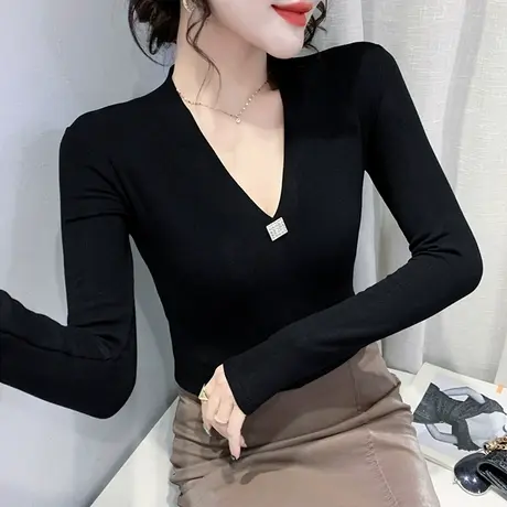 女装2024新款潮性感V领长袖T恤修身气质上衣紧身内搭打底衫女春秋商品大图