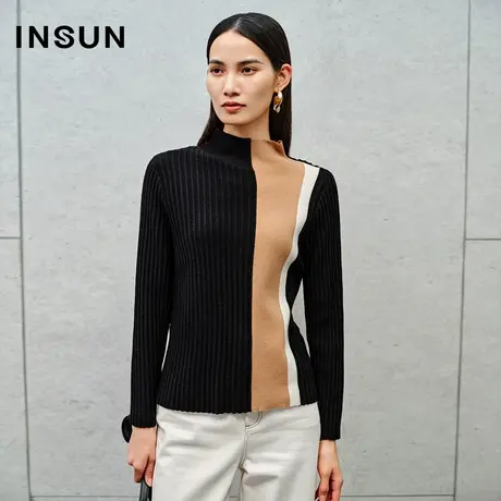 INSUN恩裳线上专选冬季半高领拼色坑条修身针织衫商品大图