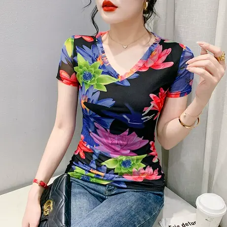 网纱女装2024新款复古印花T恤短袖性感V领修身上衣气质显瘦小衫夏图片