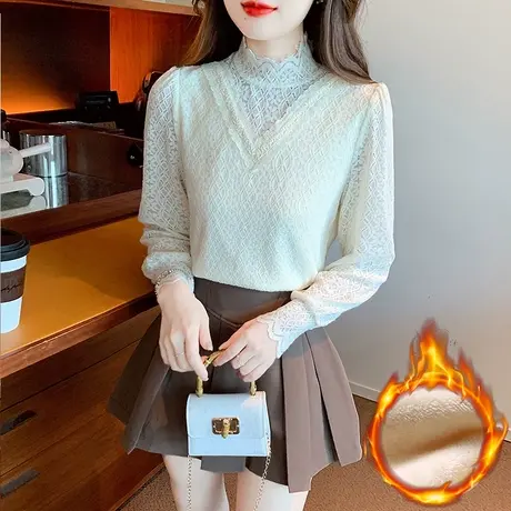 2023冬季新款加绒加厚蕾丝打底衫女高级感气质甜美漂亮半高领小衫商品大图