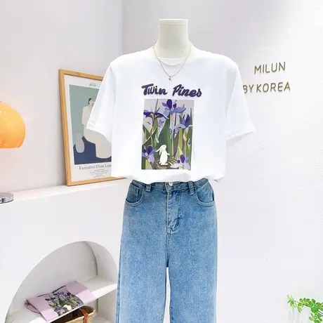 小个子显高搭配~韩国东大门夏季ins油画兔子纯棉短袖T恤上衣别致商品大图