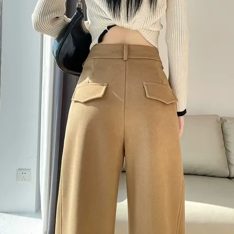 毛呢裤女秋冬2023新款高腰加绒加厚保暖小个子呢子直筒香蕉阔腿裤商品大图