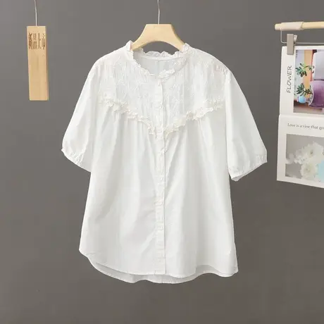 洋气花边领短袖衬衫女夏装新款显瘦休闲百搭衬衣纯棉小衫气质上衣图片
