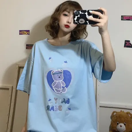网红大版短袖t恤女2020韩版宽松原宿bf慵懒风半袖ins超火上衣服潮商品大图