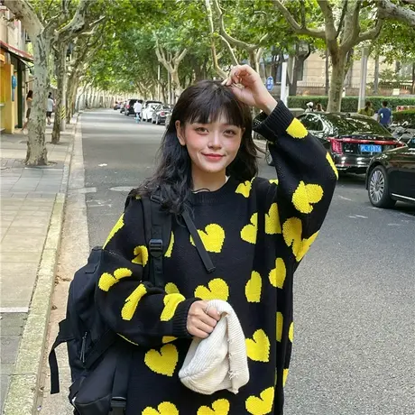 红续秋冬新款韩版爱心百搭宽松oversize慵懒风圆领套头毛衣外套女图片