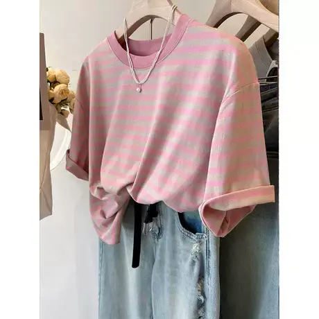 韩国ins风 显白减龄的粉 简约撞色复古条纹圆领宽松柔软短袖T恤女图片