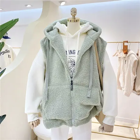 过冬加绒加厚保暖纯色羊羔毛无袖马甲连帽卫衣女坎肩外套拉链开衫图片