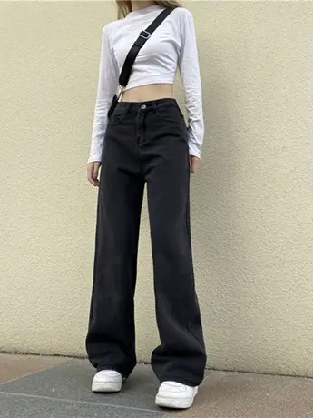 清仓捡漏甜酷辣妹直筒牛仔裤女高腰显瘦宽松直筒拖地阔腿裤ins潮图片