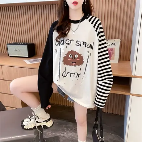 撞色条纹长袖t恤女秋冬季韩版宽松大码女装中长款加绒加厚打底衫商品大图