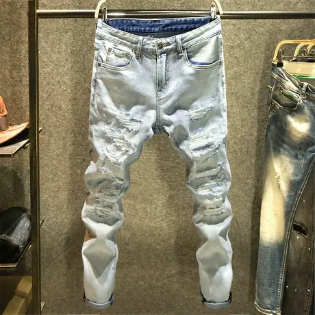 秋冬新款刮烂牛仔裤男款修身小脚裤浅蓝色痞帅大破洞裤子ins潮牌商品大图