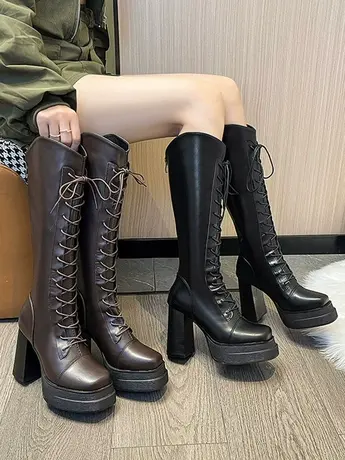 不过膝v口显瘦高筒靴女2024年秋冬新款英伦风气质高跟系带骑士靴图片