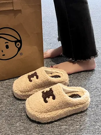 欧货羊羔毛毛拖鞋女秋冬外穿2023新款高级感ins风厚底包头棉拖鞋图片
