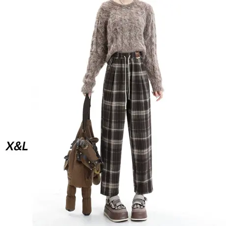 美拉德格子哈伦裤女秋冬季2023年新款休闲裤宽松九分加绒老爹裤子图片