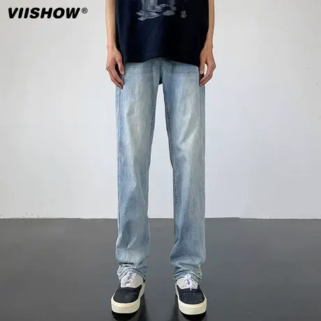 VIISHOW修身直筒牛仔裤男款秋冬季加厚美式高街微喇阔腿vibe裤子商品大图
