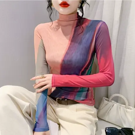 欧货女装秋冬2024新款T恤女网纱扎染时尚洋气长袖内塔上衣打底衫商品大图