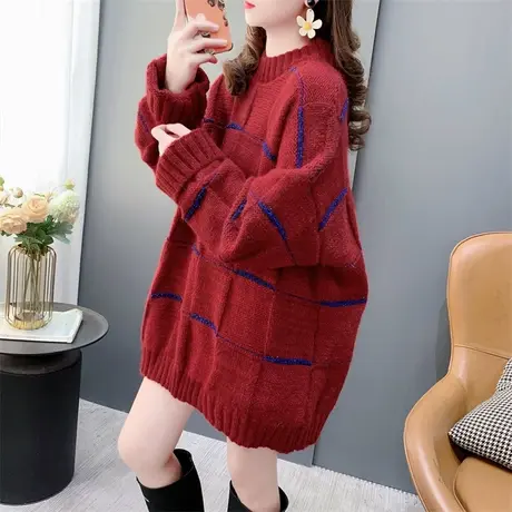 宽松慵懒风新年红色圆领毛衣女秋冬2023年新款洋气中长款打底上衣商品大图