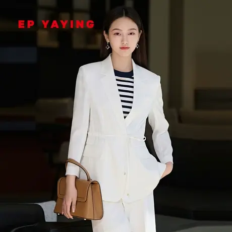 EP雅莹女装 设计感醋酸抽绳收腰白色西装外套 2023新款1146B商品大图