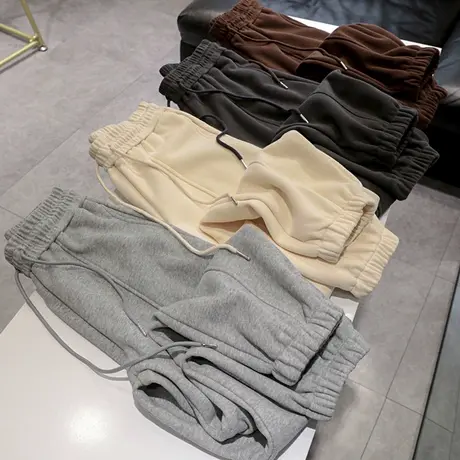 美式复古运动束脚九分裤女冬季高腰宽松加厚加绒保暖休闲阔腿卫裤商品大图