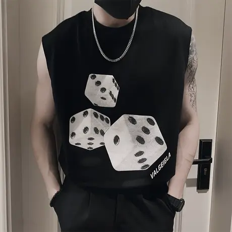 夏季男士背心坎肩上衣无袖T恤宽松潮牌个性潮流运动个性印花体恤商品大图