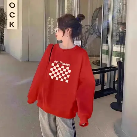 加绒加厚卫衣女酒红色本命衣服2024年冬季保暖银狐绒长袖圆领上衣商品大图