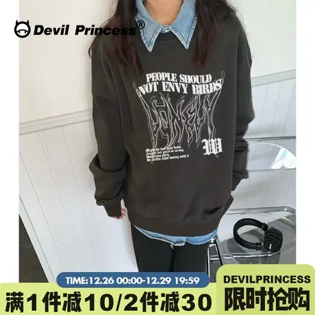 hiphop街头嘻哈风潮牌深灰色无帽卫衣女秋冬新款宽松套头加绒上衣图片