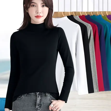 黑色小中立半高领长袖打底衫春季内搭修身t恤减龄上衣女百搭简约图片