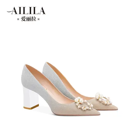 爱丽拉粗跟婚鞋女2024新款春季法式新娘高跟鞋禾秀婚纱两穿不累脚商品大图