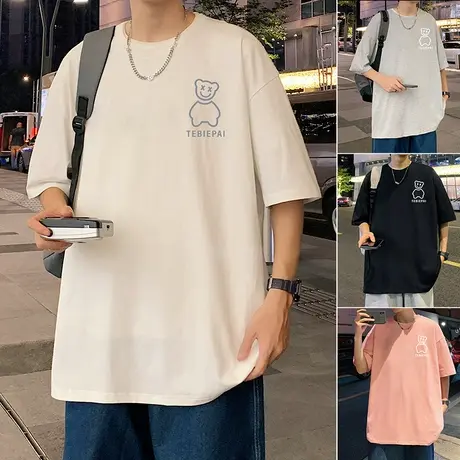 港风小熊纯棉短袖T恤男夏季印花半袖ins潮流情侣重磅体恤宽松衣服商品大图