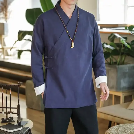 中国风男装棉麻盘扣汉服复古男士亚麻居士服斜襟外套民国中式服装图片