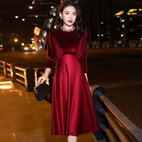 喜婆婆婚宴装冬季金丝绒婚礼喜服妈妈高贵晚礼服裙年轻洋气小个子商品大图
