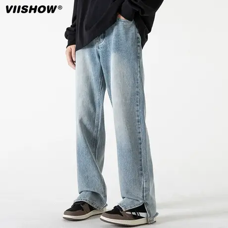 VIISHOW复古牛仔裤男春美式潮牌宽松直筒裤水洗做旧加绒阔腿长裤图片