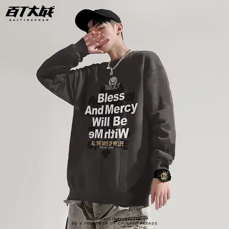 加绒青少年卫衣圆领模糊字母设计感美式高街潮牌秋冬保暖套头上衣图片