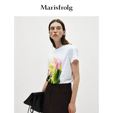 【艺术匠坊】玛丝菲尔白色郁金香印花纯棉短袖t恤女图片