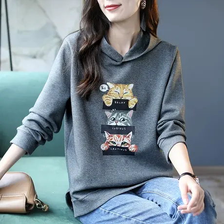 宝诗黎时尚开叉印花上衣2024新款休闲女装连帽慵懒长袖百搭卫衣春商品大图