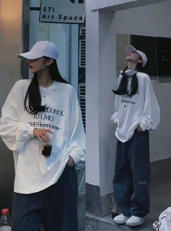 纯棉oversize设计感长袖t恤女春秋薄款ins潮牌宽松hiphop初秋上衣图片