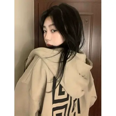 美式复古连帽开衫卫衣女春秋薄款设计感潮牌早秋宽松上衣拉链外套图片