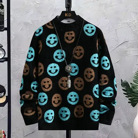 毛衣男潮牌ins仿水貂绒半高领2022新款秋冬季加厚潮流打底针织衫商品大图