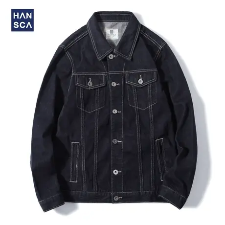 汉斯卡2022春秋季新款蓝黑色牛仔外套男韩版潮流宽松百搭牛仔夹克商品大图