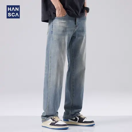 hansca复古宽松男士牛仔裤春季新款潮牌直筒长裤美式休闲阔腿裤子商品大图