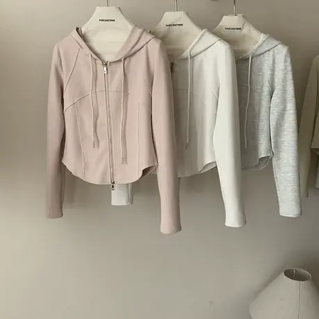 韩版双拉链抽绳连帽长袖开衫女024春季新款纯色休闲百搭短款上衣商品大图